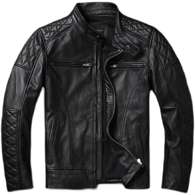 NEW Men's Vintage Motorcycle Jacket Stand Collar Natural Cowhide Jacket Classic Top Layer Cowhide Moto Suit Biker Clothing