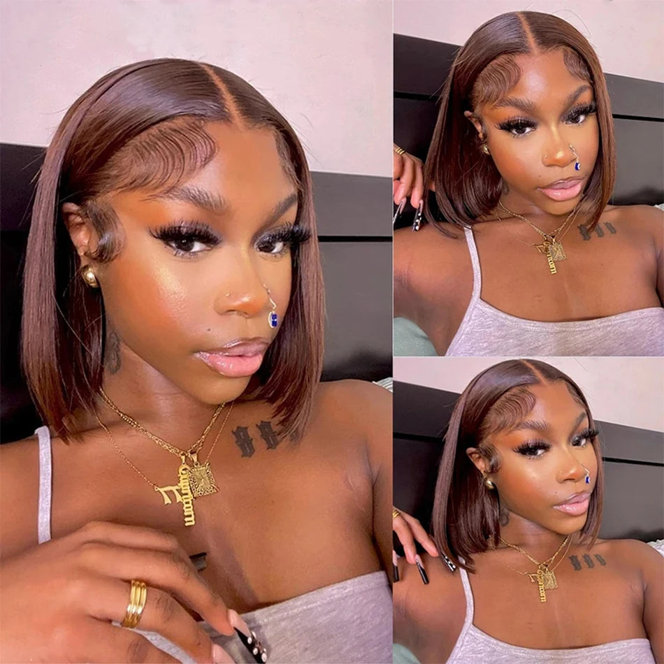 Chocolate Brown 13x4 Lace Frontal Human Hair Wigs Transparent Lace Front Wigs Short Bob Wig Glueless Remy Straight Natural Wig