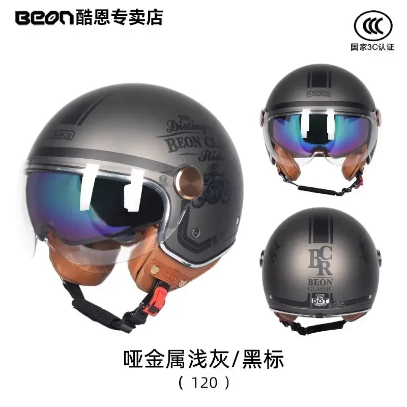 BEON Motorcycle Retro Style Helmet Electric Bike Riding Three-quarters Half Helmet Lightweight Dual Lens Safety Helmet