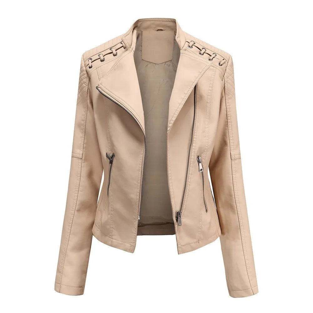 Spring Autumn Women's Clothing Slim Fit PU Leather Jacket For Woman Motorcycle Biker Style Short Coat With Notched Collar
