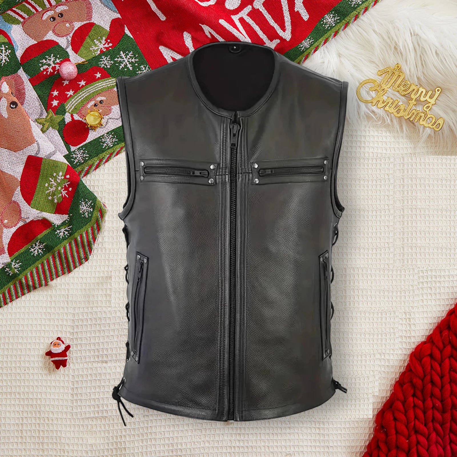 Men's Motorcycle Vests with Pockets Fashionable Leather Solid Color Zipper Up Sleeveless Jacket