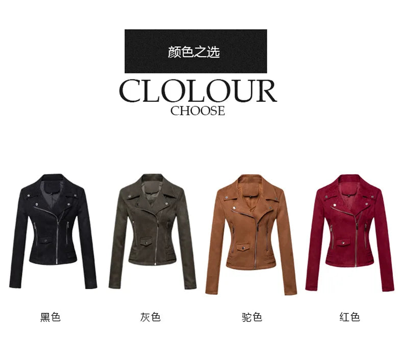 Women Vintage Suede Biker Jacket Slim Fit Short Motorcycle Coat Fashion Ladies Faux Leather Moto Jacket For Casual Ridin