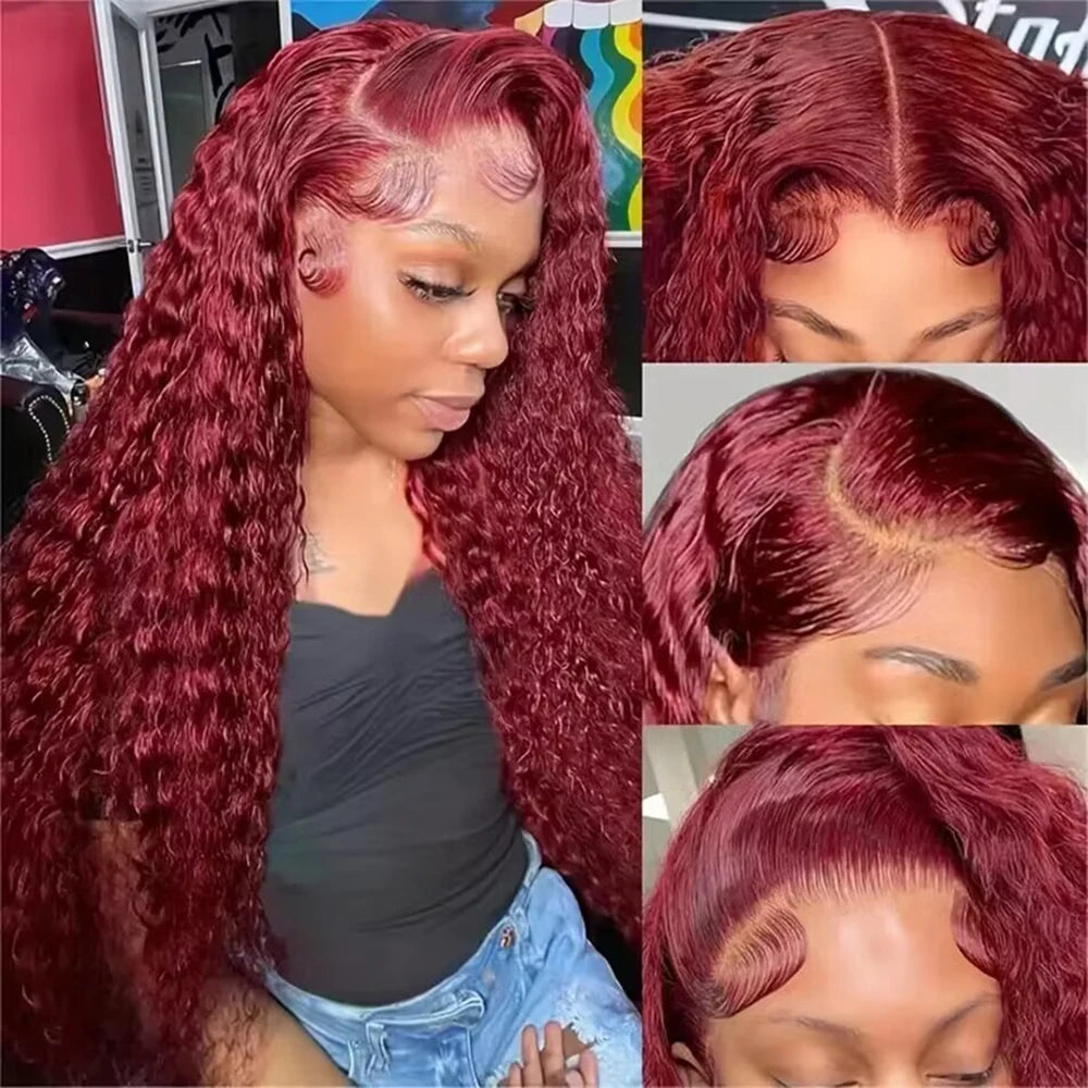 99J Burgundy Deep Wave 200 Density 13x4 HD Lace Front Wig Red Colored Curly Wave 13x6 Lace Frontal Human Hair Wigs For Woman