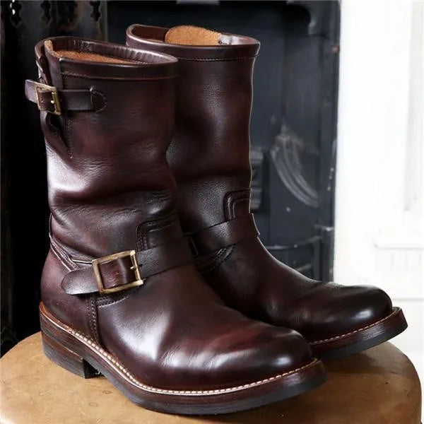Men Retro Motorcycle Riding Boots Round Middle Boots Flat Bottomed Boots Men Trendy PU Leather Shoes Botas Para Moto Hombre