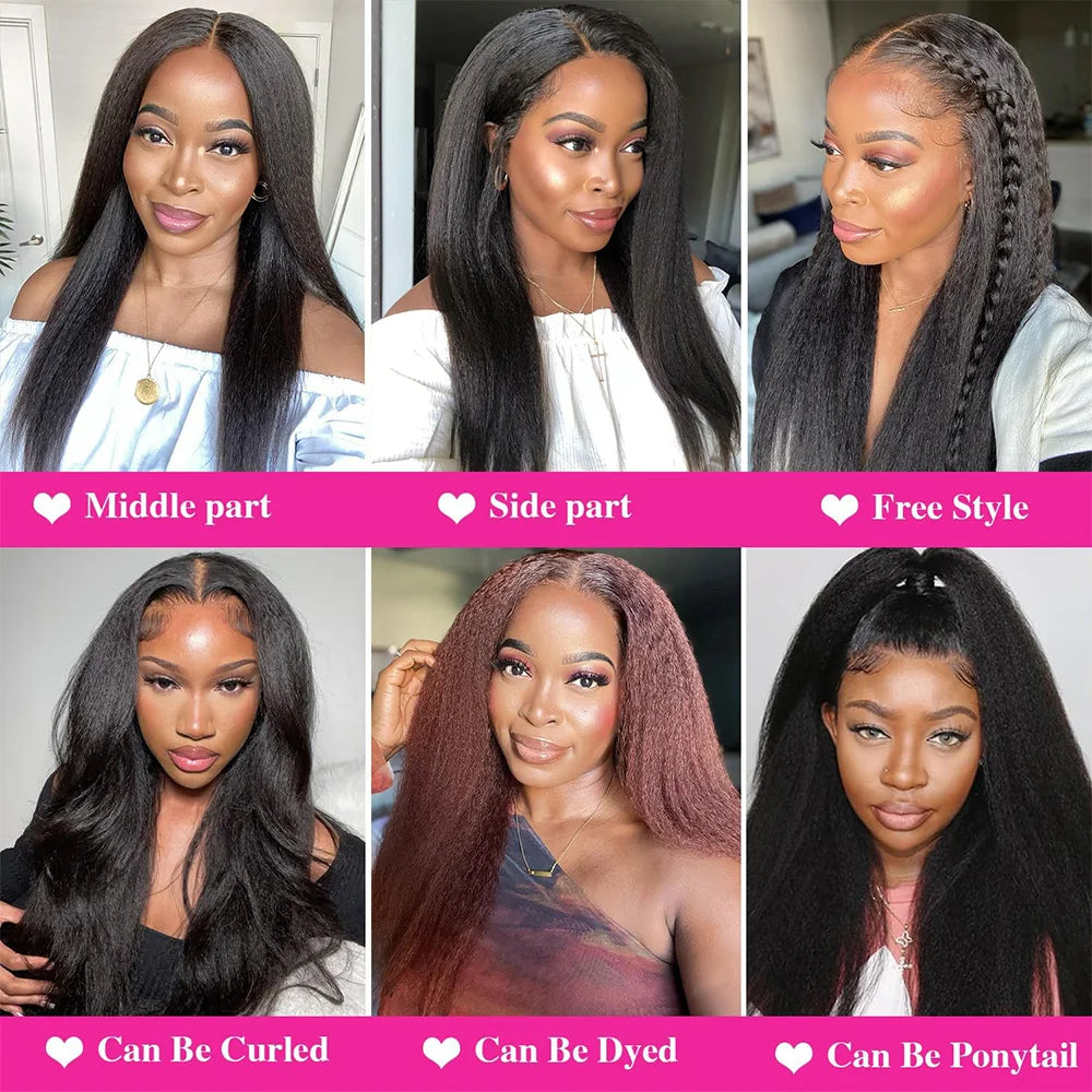 Kinky Straight V Part Wig 12-32 Inch Glueless Wig Human Hair Yaki Straight Ready To Wear Remy Hair Wigs 200 Density No Lace Wigs
