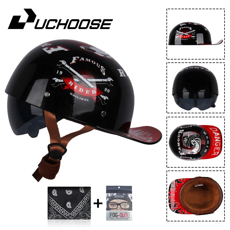 Uchoose Baseball Cap Helmet Motorcycle Vintage Retro Helmets Summer Open Face Scooter Cruiser Chopper Gangster DS Men Women Kid