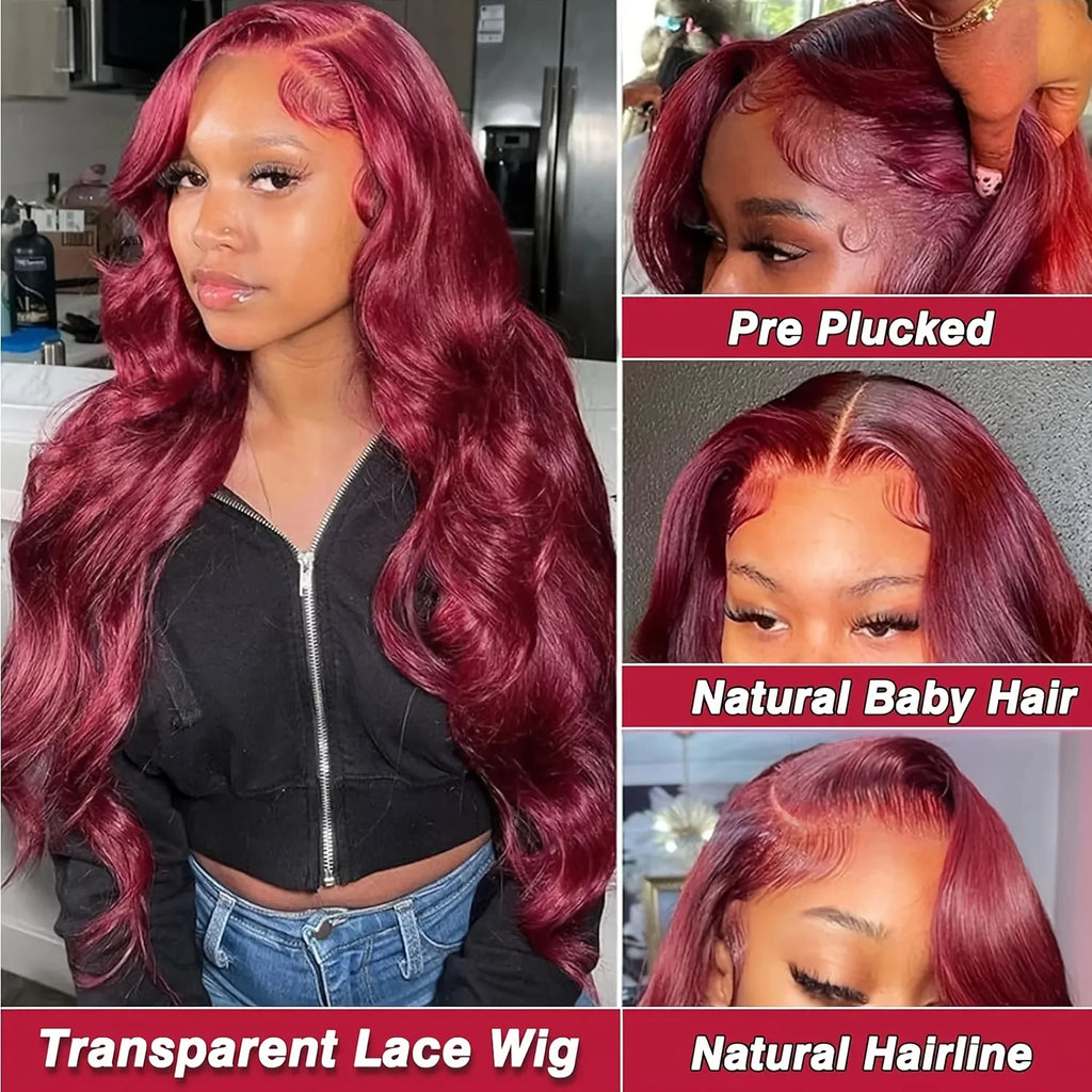 30 Inch Brazilian Loose Body Wave 99J Burgundy 13x4 Lace Frontal Wig 220% Density Pre Plucked 13x6 HD Lace Front Human Hair Wig