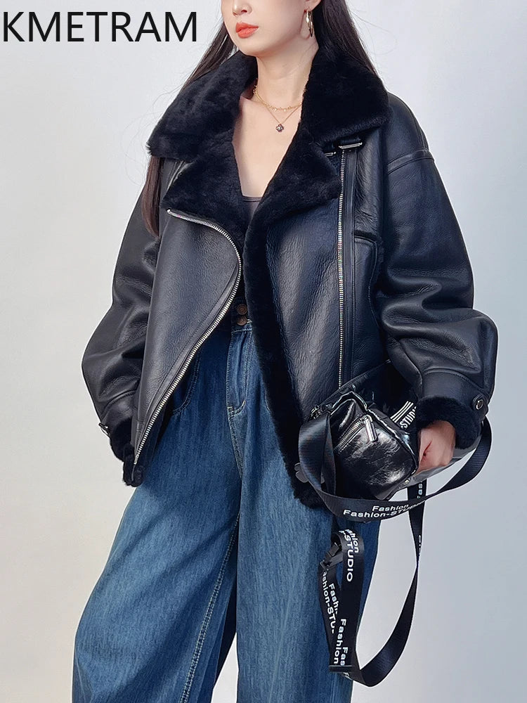 Natural Merino Sheepskin Wool Double Faced Fur Jacket Women Fashion Motorcycle Black Real Fur Coat Winter Woman Clothing 2025