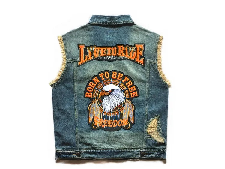 Embroidered Denim vest blue Jeans Patchwork Motorcycle Biker Jeans Sleeveless jacket punk Cowboy Fashion vest live to ride 6XL