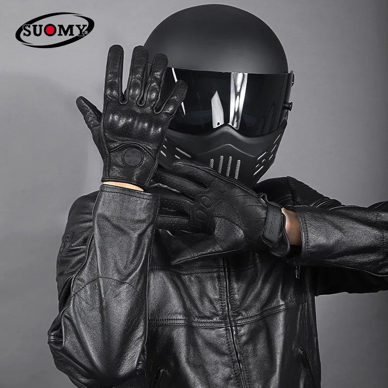 Retro Leather Motorcycle Gloves Riding Anti-fall Moto Gloves Classic Pink/Yellow/Black Leather Breathable Summer Gloves
