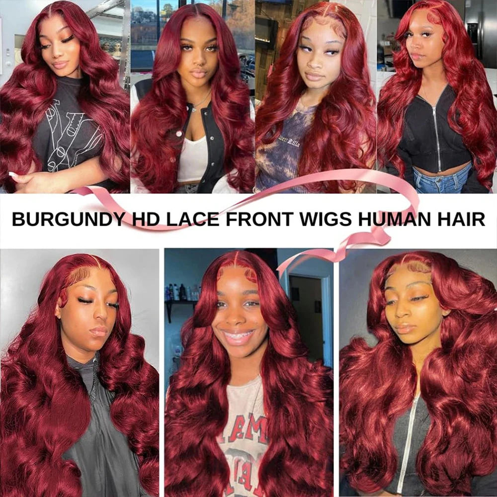 99j burgundy 13x6 Max-lace Wigs 36 Inch Red Colored Lace Front Human Hair Wigs 220 Density HD Lace Body Wave Brazilian For Women