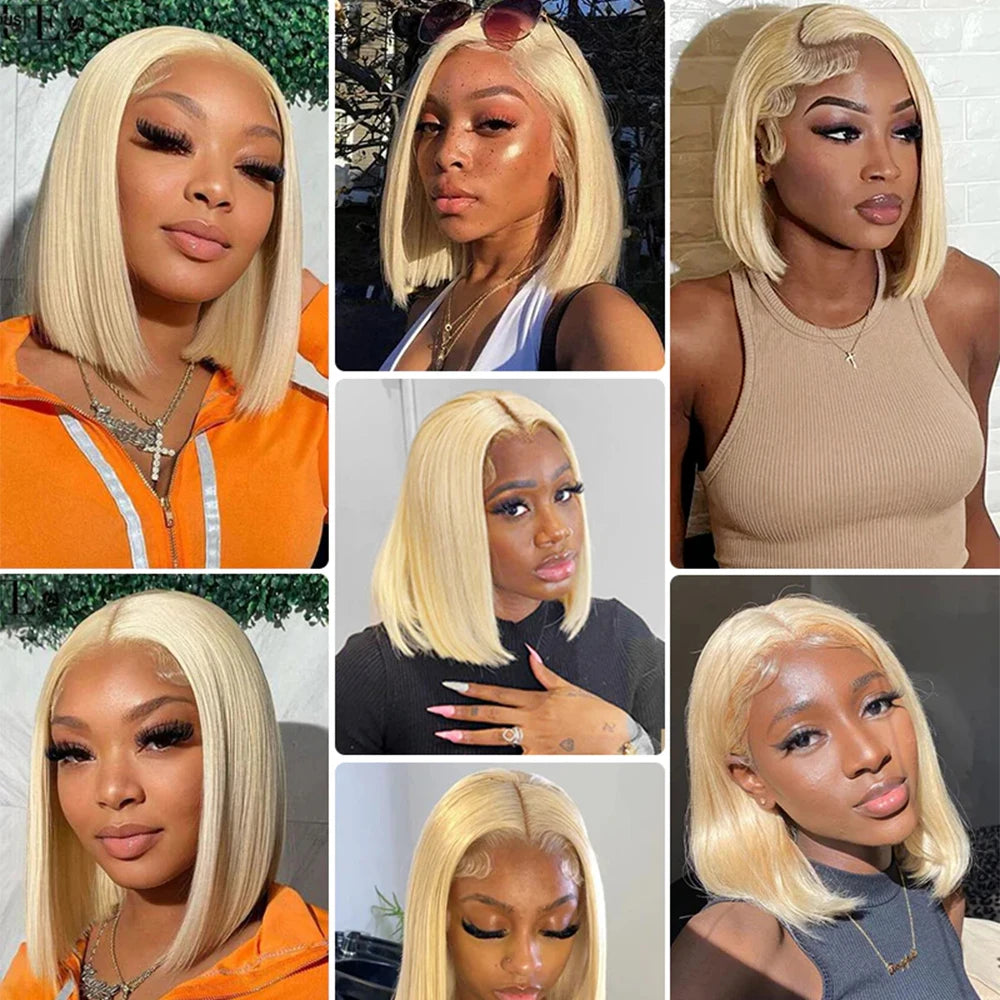 Blonde Straight 613 Short Bob 13x4 HD Lace Frontal Wigs Brazilian Human Hair Glueless Transparent Lace Front Wig 220% Density
