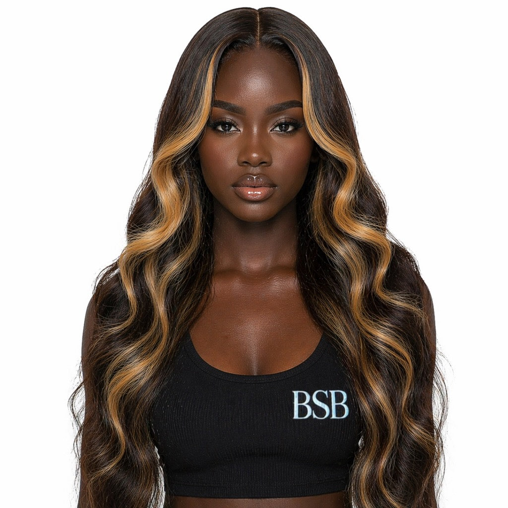 Highlight Ombre Lace Front Wigs Human Hair Body Wave Lace Front Pre Plucked 13x6 1B/30 Brown Highlight Wig 220 Density For Women