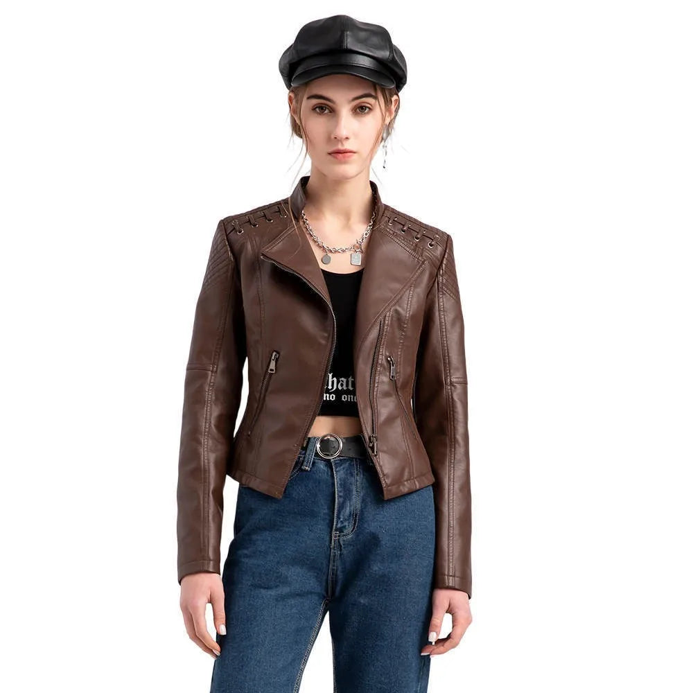 Spring Autumn Women's Clothing Slim Fit PU Leather Jacket For Woman Motorcycle Biker Style Short Coat With Notched Collar