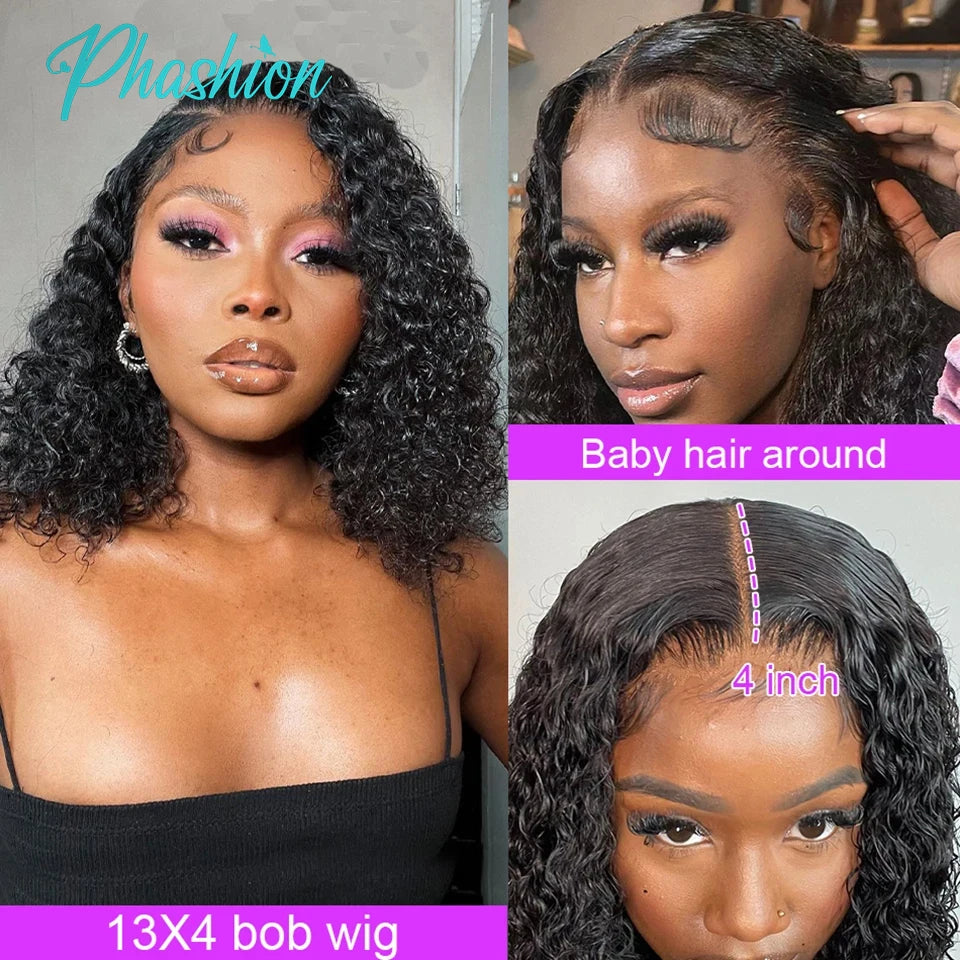 Phashion 13x4 Deep Curly Short Bob Wig Full Density Lace Frontal Human Hair Wigs For Black Women Transparent Swiss Ready To Wear
