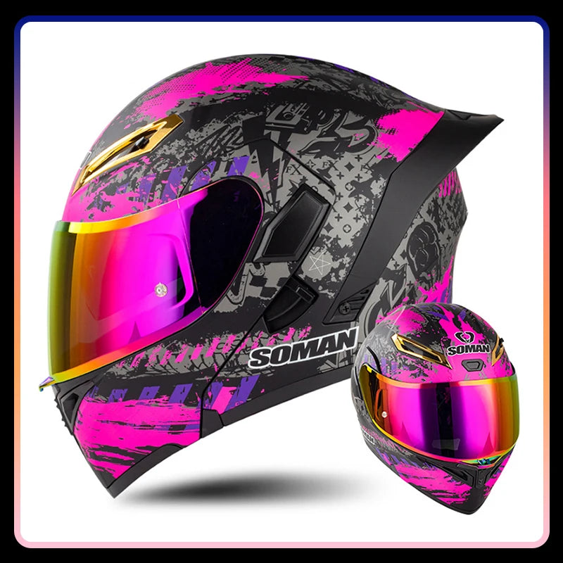 Men Women Motorcycle Helmets Full Face Helmet Colorful Dual Lens Flip Up Helmet DOT Approved Purple Modular Helm Casco Para Moto
