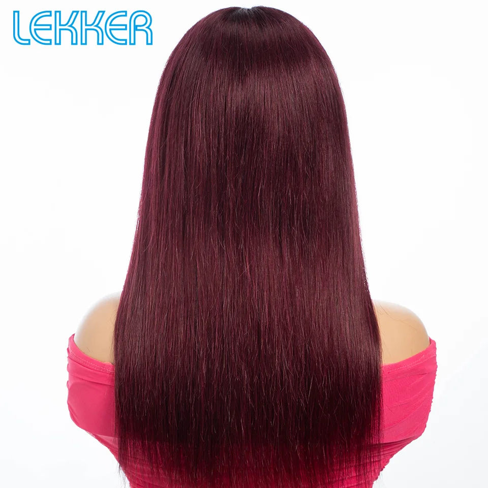 Lekker 99J Burg Red Long Straight 100% Human Hair Wig With Bangs For Women Brazilian Remy Hair Colored Full Machine Glueless