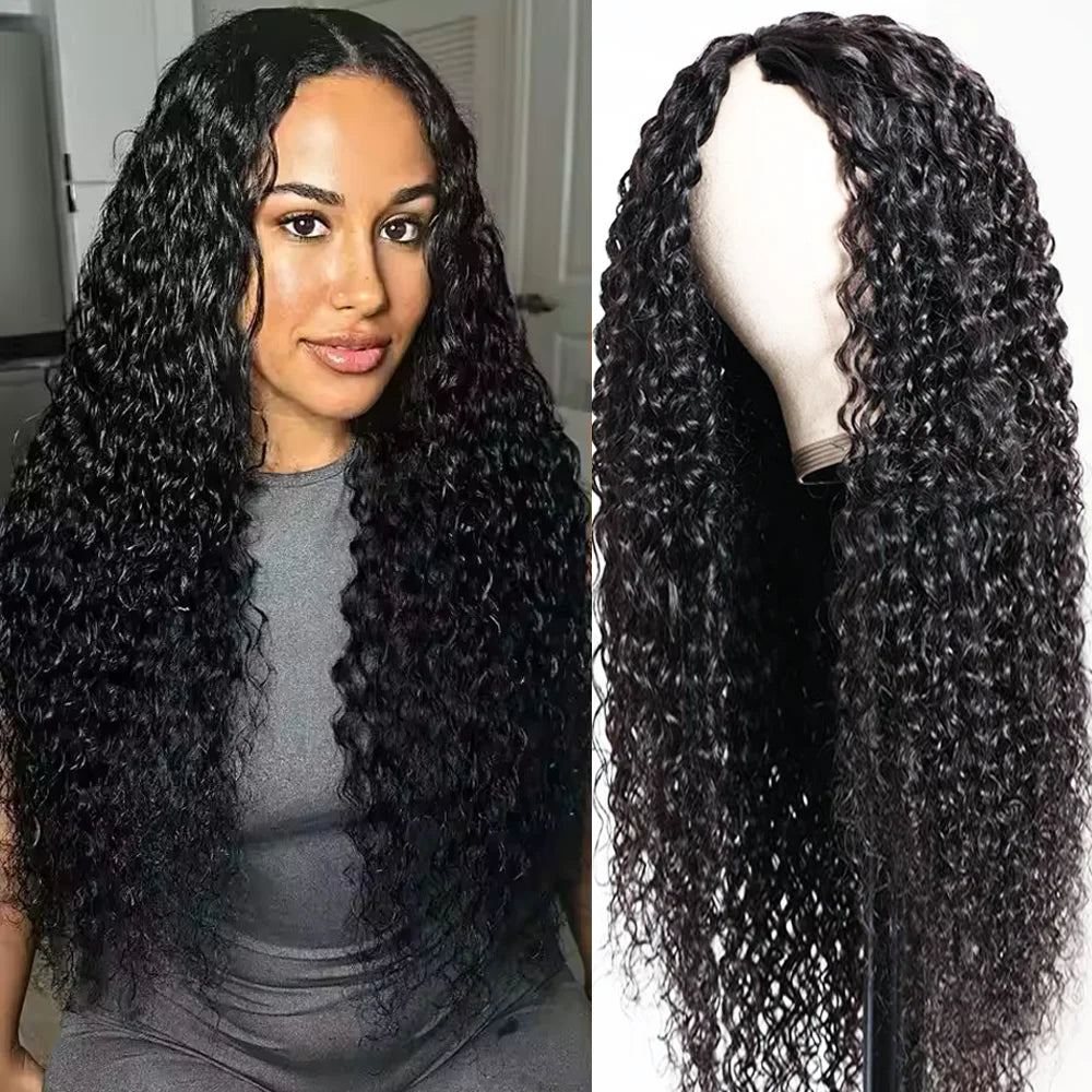 16-32 Inches Long Curly Brazilian Hair Wig For Women 200 Density V Part Wig Human Hair Natural Black V Shape Wig Hair Wigs