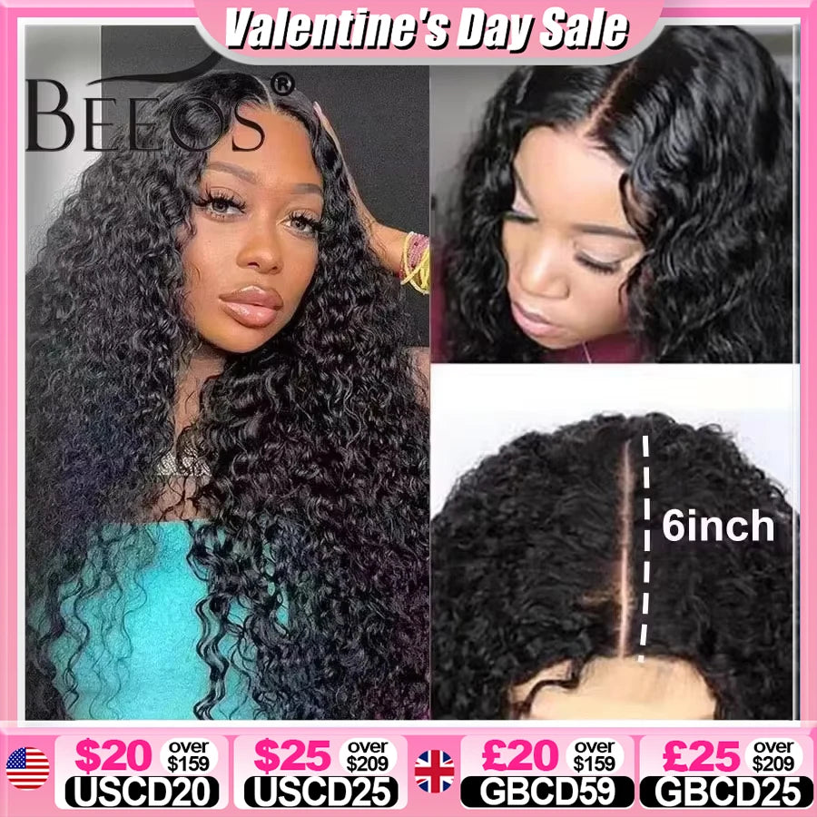 BEEOS Glueless 250% Skinlike 2x6 HD Lace Closure Wigs Preplucked Human Hair Water Wave HD Transparent Lace Wigs For Women