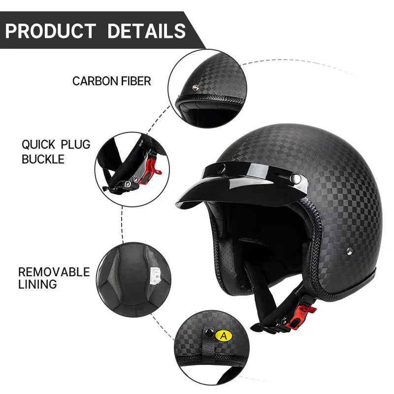 Lightweight High Quality 12K Carbon Fiber Motorcycle Open Face 3/4 Helmet Racing Riding Safety Cruising Jet Helmets Men