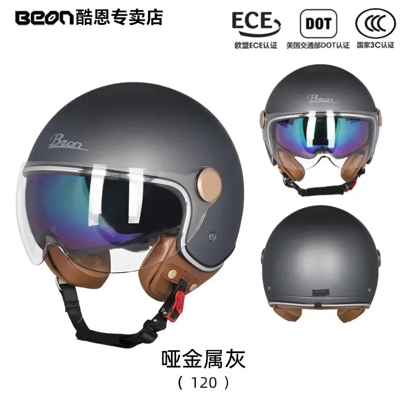 BEON Motorcycle Retro Style Helmet Electric Bike Riding Three-quarters Half Helmet Lightweight Dual Lens Safety Helmet