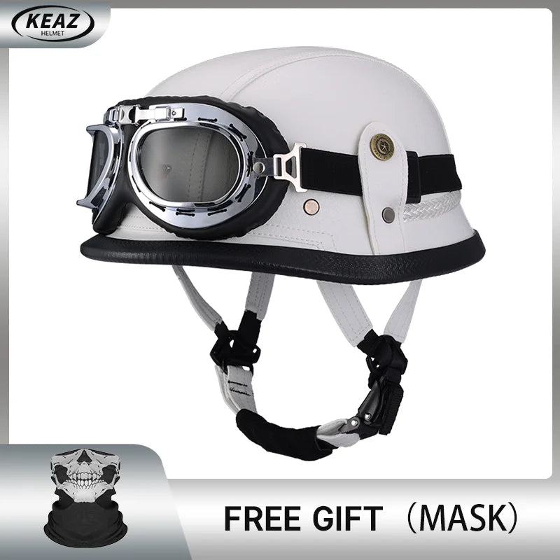 Factory Price Motorcycle German Style Leather Half Face Helmet DOT Approved Cap1/2 Shell Helmets+Goggles Open-Face Casque