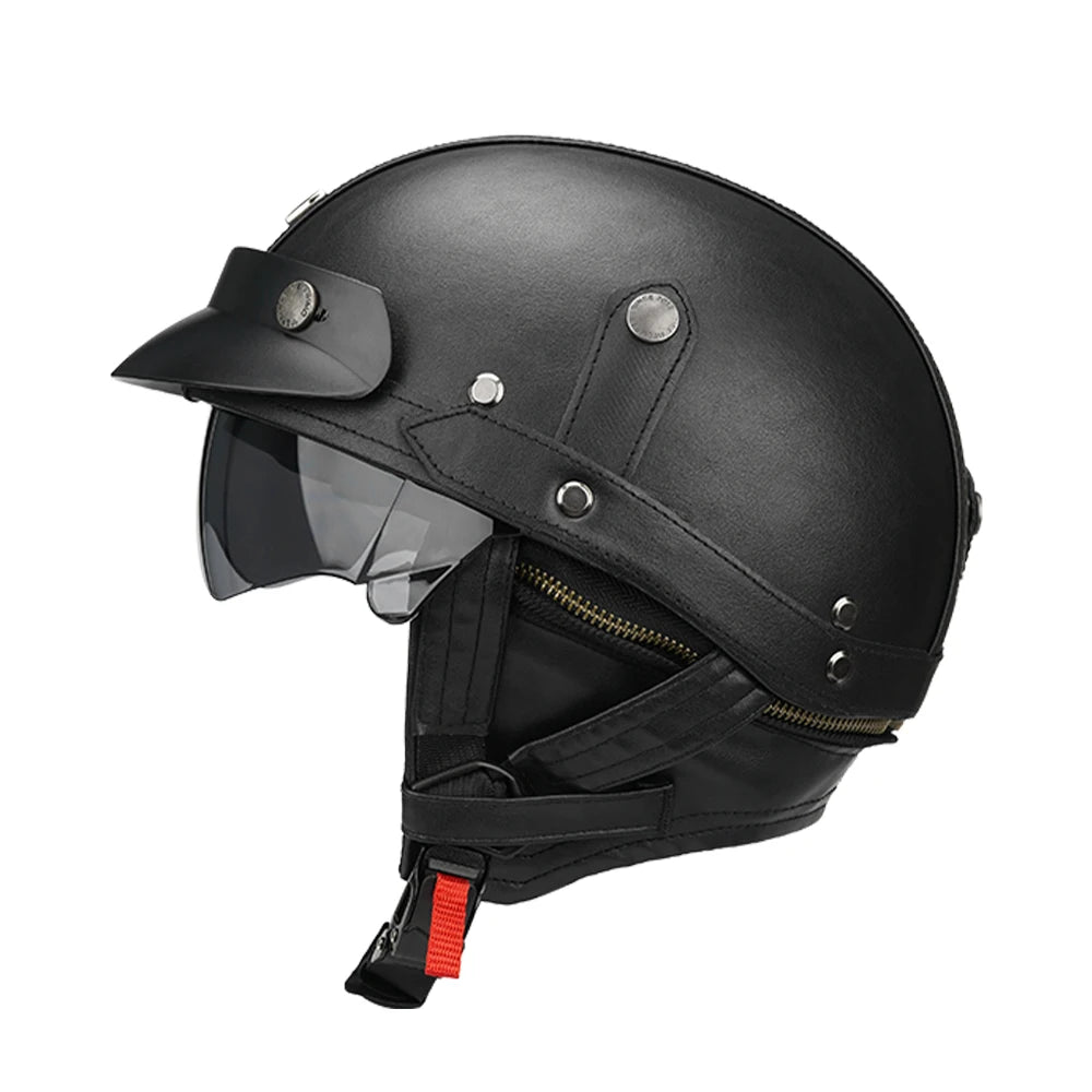 Black Motorcycle Half Helmet German Leather Vintage Helmet Casco Moto Motorcycle Open Face Helmet Biker DOT Certification