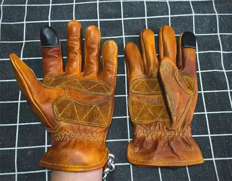 Handmade Genuine Leather Retro Motorcycle Gloves Full Finger Touch Screen Knuckle Protection Racing Riding Motorcycle Gear