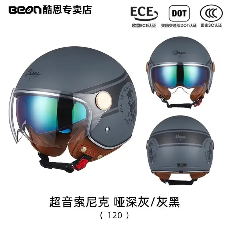 BEON Motorcycle Retro Style Helmet Electric Bike Riding Three-quarters Half Helmet Lightweight Dual Lens Safety Helmet