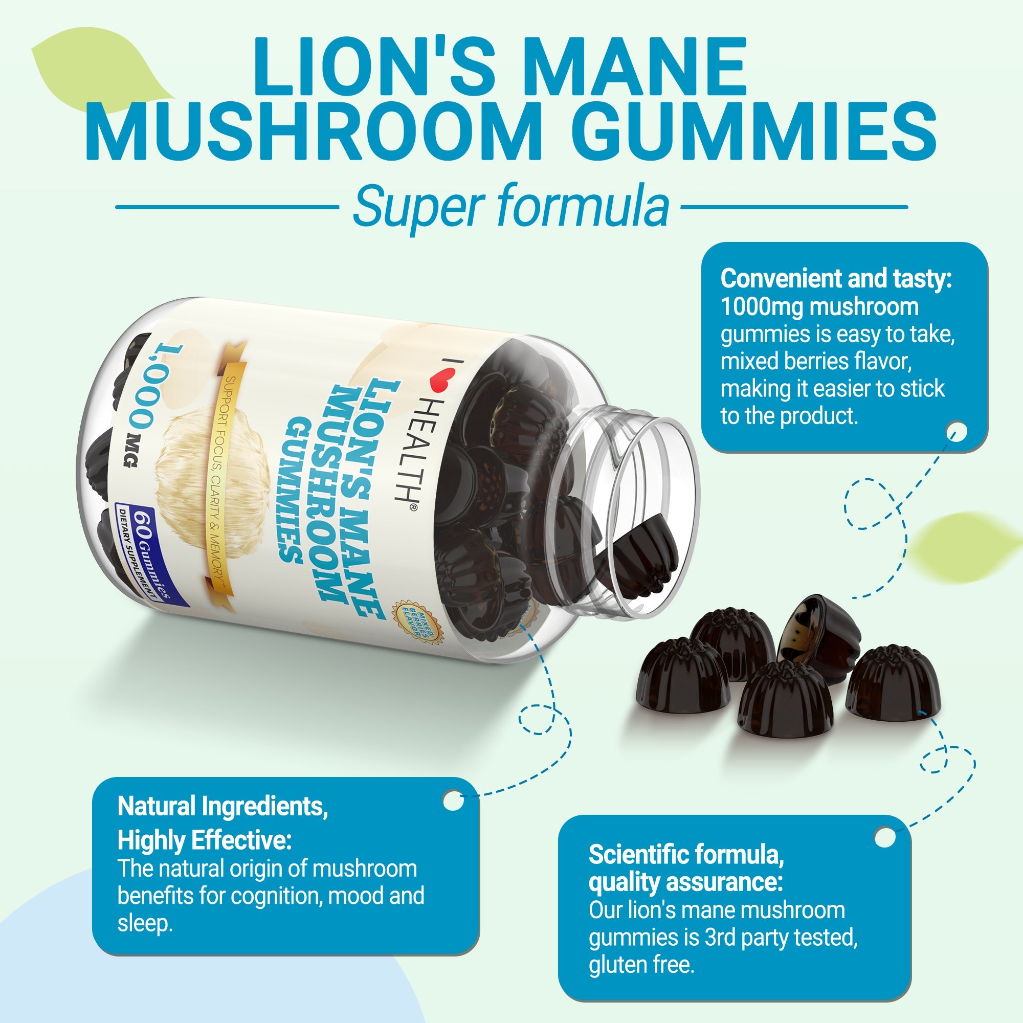 I Love Health Lion’s Mane Mushroom Extract 1000mg – 60 Gummies | Supports Cognitive Function & Mental Clarity | Natural Brain Health Supplement