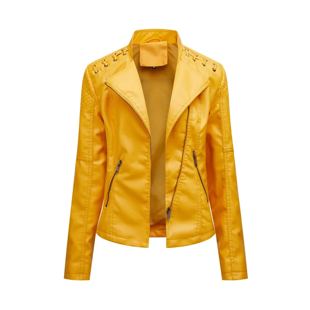 Spring Autumn Women's Clothing Slim Fit PU Leather Jacket For Woman Motorcycle Biker Style Short Coat With Notched Collar