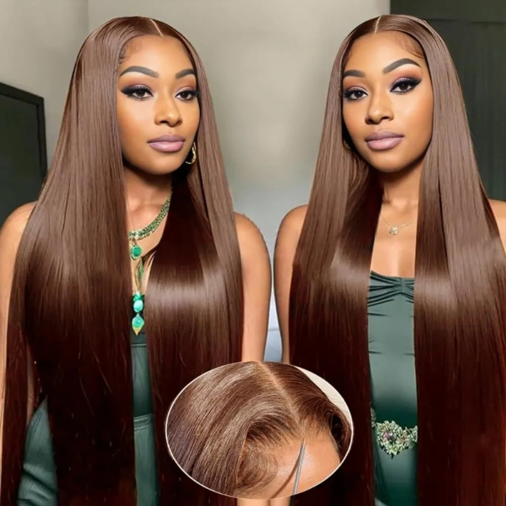 #4 Chocolate Brown Straight Wigs Natural Human Hair 13x4 13x6 HD Transparent Lace Frontal Wig Pre Plucked Wigs 200 Density 40 In