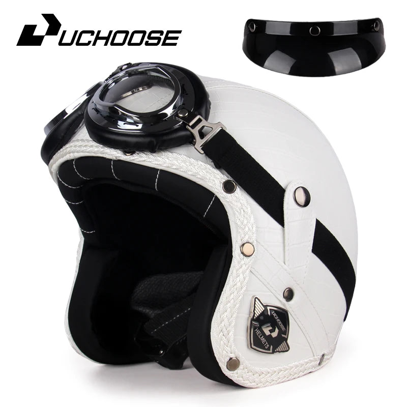 UCHOOSE Retro Motorcycle Helmet PU Leather Open Face 3/4 Chopper Bicycle Helmets Classic Casco Moto Vintage