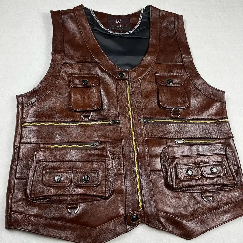 Cowhide Genuine Leather Vest Waistcoat Male clothing Jacket Thick Motorcycle Multi Pocket leather biker Men safety vest JJ134