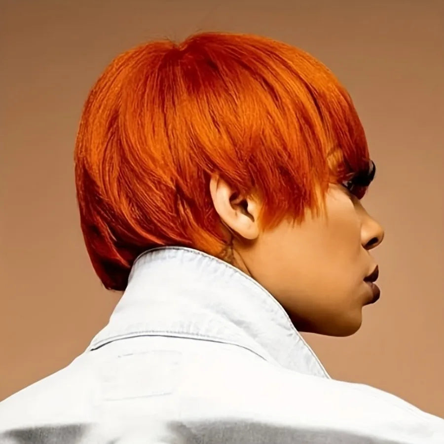 Pixie Cut Brazilian Straight Human Hair 150% Density 6inch Orange with Bangs - Full Machine Made Wig, Rose Net Cap