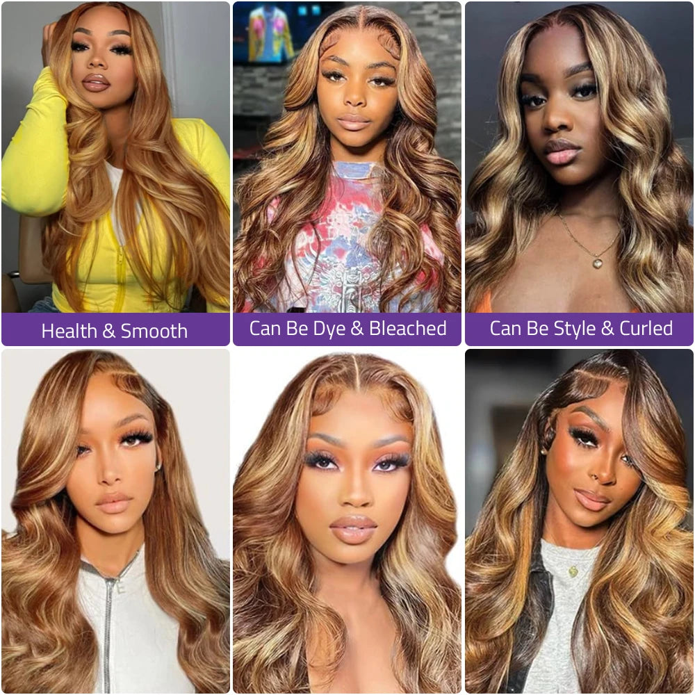 Highlight 13x4 Body Wave Lace Frontal Wigs Human Hair Brazilian 13x6 HD Lace Frontal Ombre Honey Blonde Colored Wig For Women