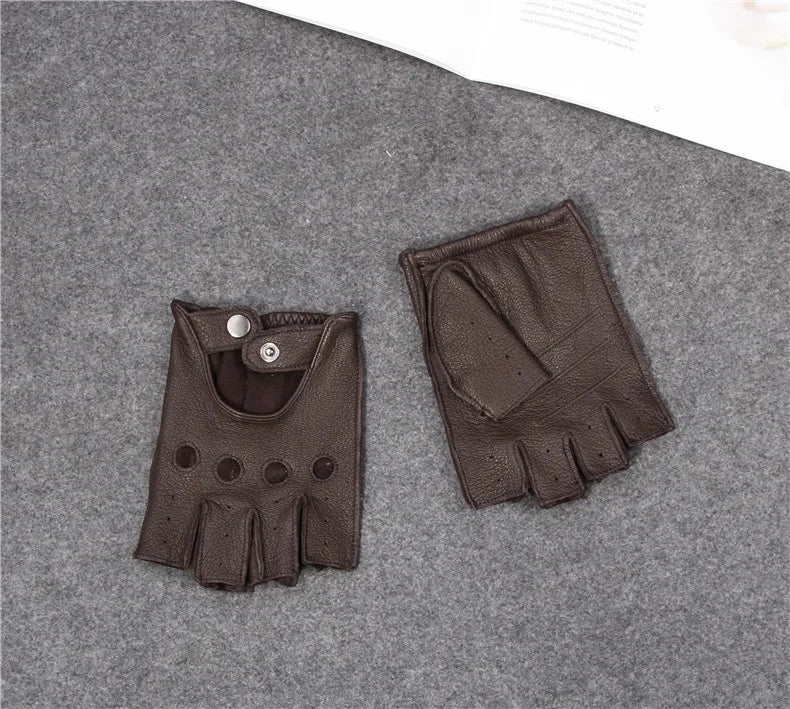 Genuine leather gloves with half finger breathable retro motorcycle wear resistant fitness outdoor motorcycle riding gloves