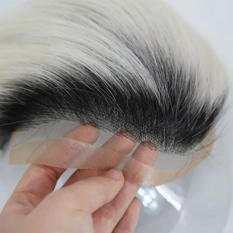 Men's 3Inch Cut Short Hair Toupée Human Hair Wig Swiss Lace Frontal PU Hairpieces 8x10 Omber 613# Color Systems Black Hairpiece
