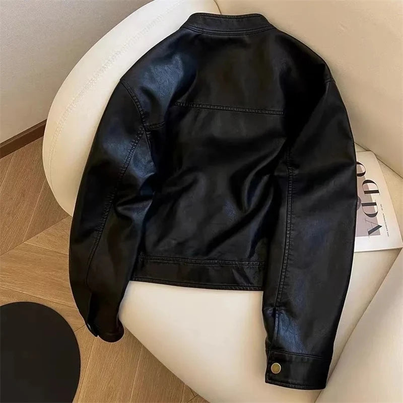 All-match Casual PU Short Leather Jacket 2025 New Spring Autumn Motorcycle Clothing Retro Fashion Women Coat White Black Outwear