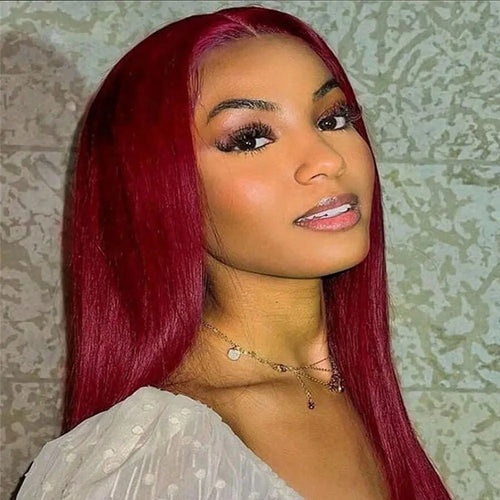 34 Inch 99j Burgundy Red 13X4 Straight Lace Front Wigs Human Hair Transparent Lace Frontal Wigs For Women 250% Density