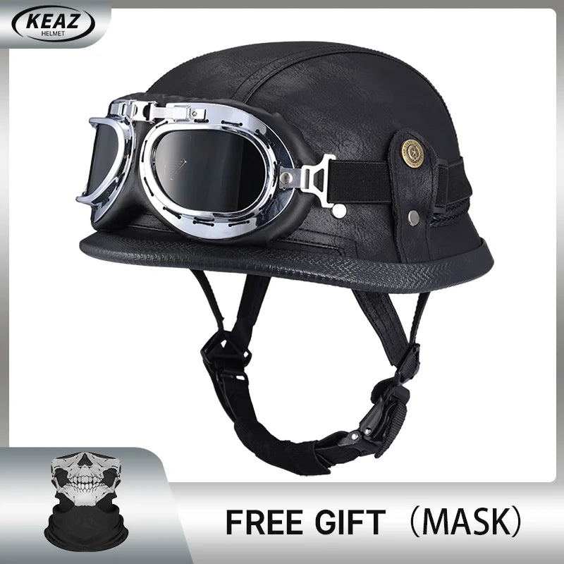 Factory Price Motorcycle German Style Leather Half Face Helmet DOT Approved Cap1/2 Shell Helmets+Goggles Open-Face Casque