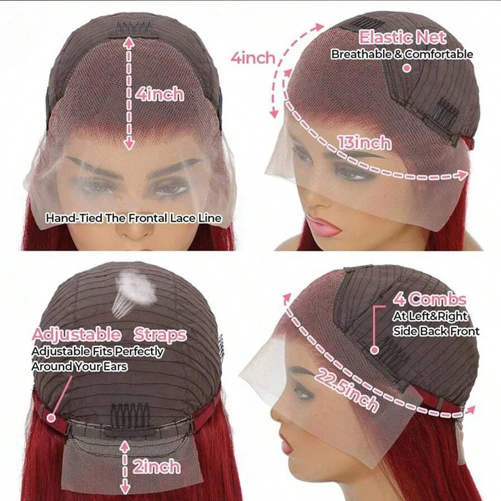 34 Inch 99j Burgundy Red 13X4 Straight Lace Front Wigs Human Hair Transparent Lace Frontal Wigs For Women 250% Density