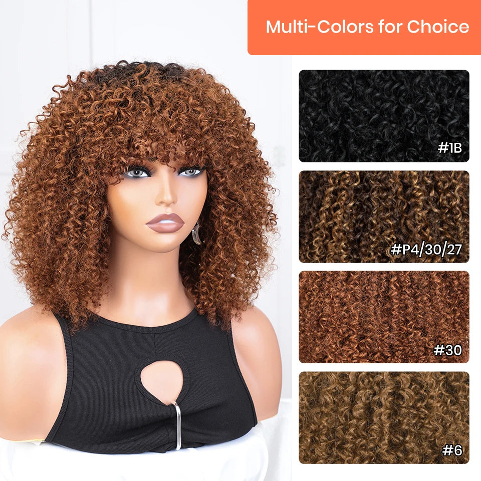 Brown Curly Bob Wigs Human Hair Wigs Afro Curly Wigs With Bangs Glueless Wear Go Jerry Curly Bob Wigs Brazilian Human Hair Wigs