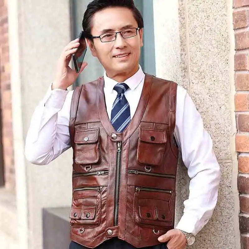 2025 Cowhide Genuine Leather Vest Men Waistcoat Male Sleeveless Jacket Thick Motorcycle Vest Multi Pocket leather biker vest