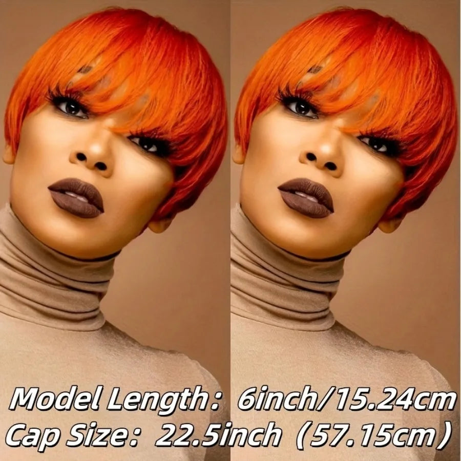 Pixie Cut Brazilian Straight Human Hair 150% Density 6inch Orange with Bangs - Full Machine Made Wig, Rose Net Cap