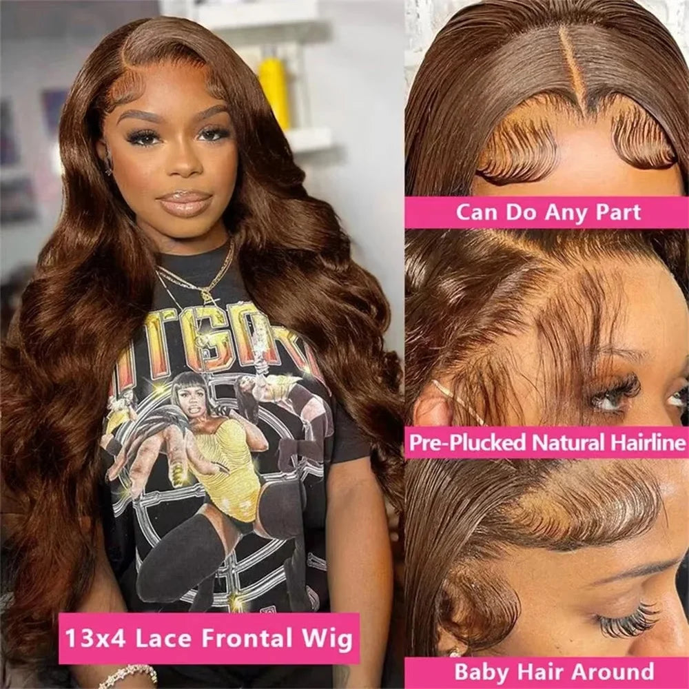 #4 Chocolate Body Wave Wig Remy Hair 13x6 HD Transparent Lace Frontal Wig 200% Density Brazilian PrePlucked Human Hair For Women