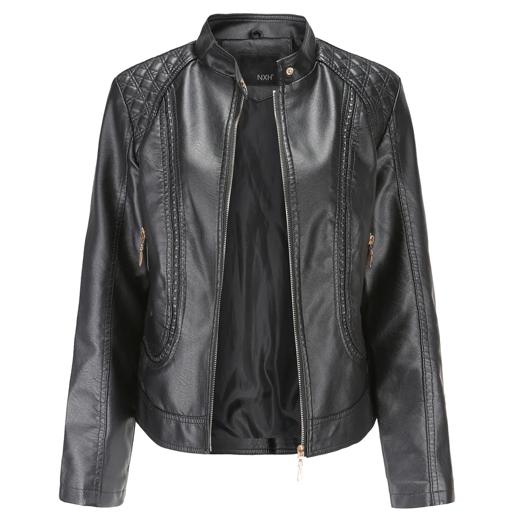Punk Leather Jacket for Women, Large Standing Neck, Motorcycle Coat, Spring and Autumn Clothing, Temperament