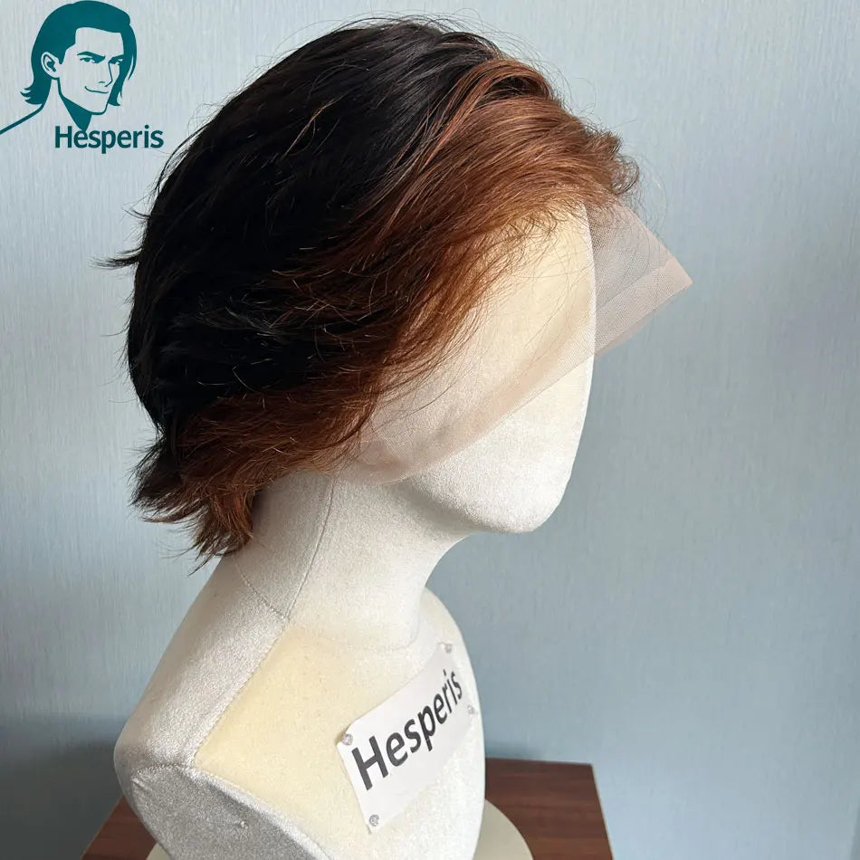 Hesperis Pre-Styled Male Ombre Brown Wig Full Lace Brown Remy Human Hair Short Cut Wig for Men Hair Replacement System