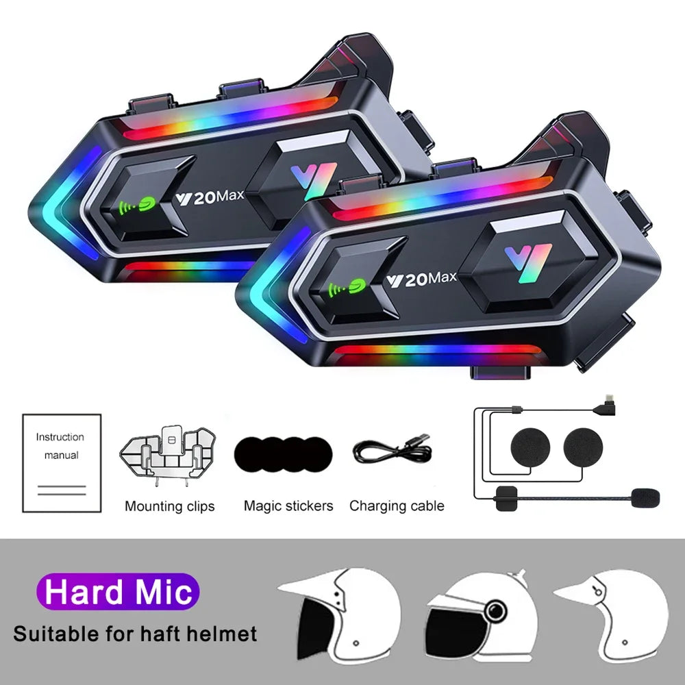 Y20 MAX Motorcycle Helmet Intercom V5.3 Hands Free Call Kit 1000mAh For 2 Rider Intercomunicador Moto Interphone Music Player