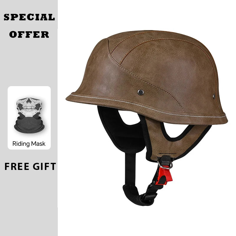 Leather Half Helmet Vintage Open Face Motorcycle Helmets Retro German Low Profile Half Helmet DOT Certified 1/2 Half Helm